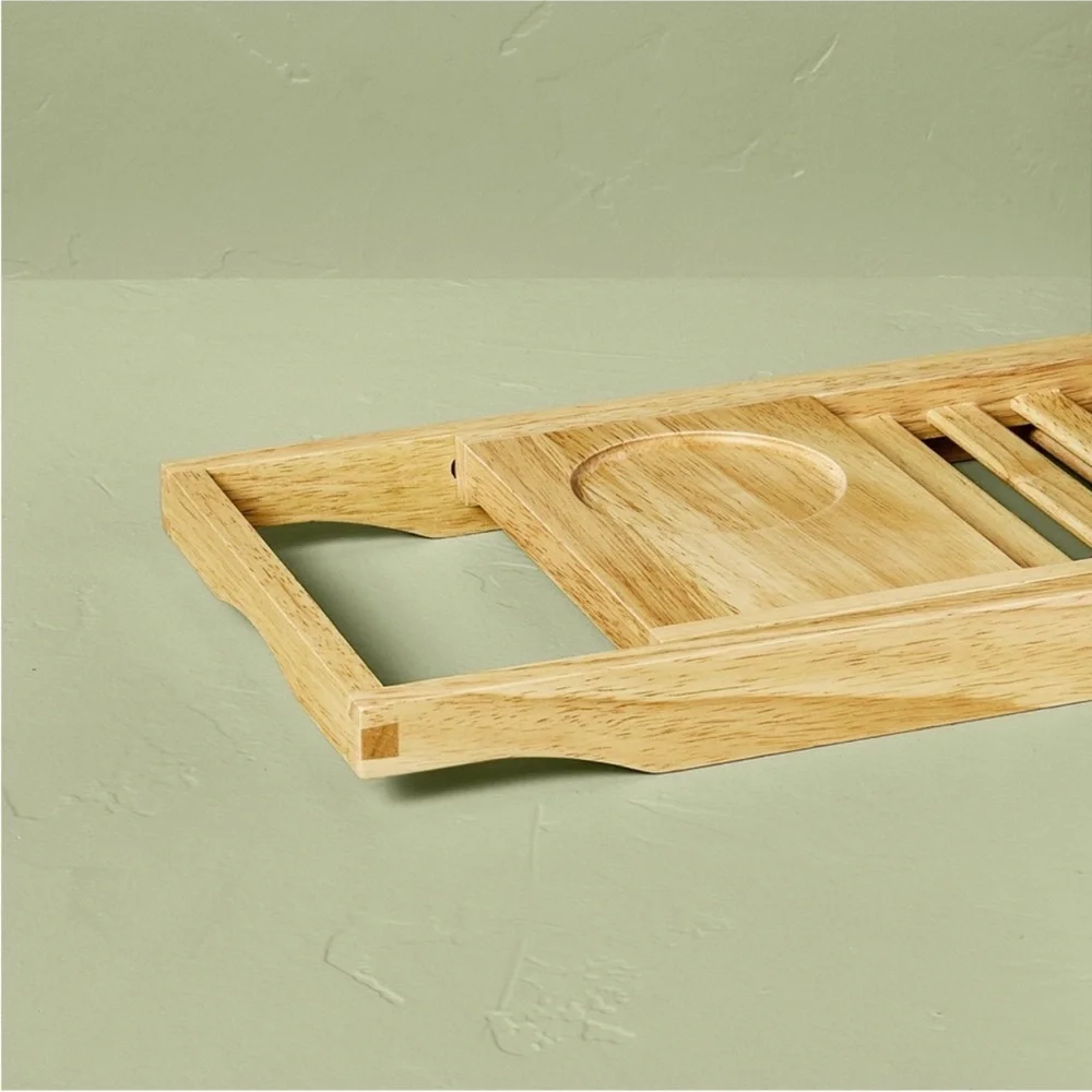 Hearth & Hand Expandable Wood Bathtub Wooden Bath Tray Natural Cup Holder NEW